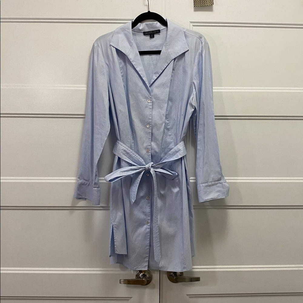 Lafayette 148 New York Pale Blue Cotton Shirt-Dress Button-Down with Tie sz 14